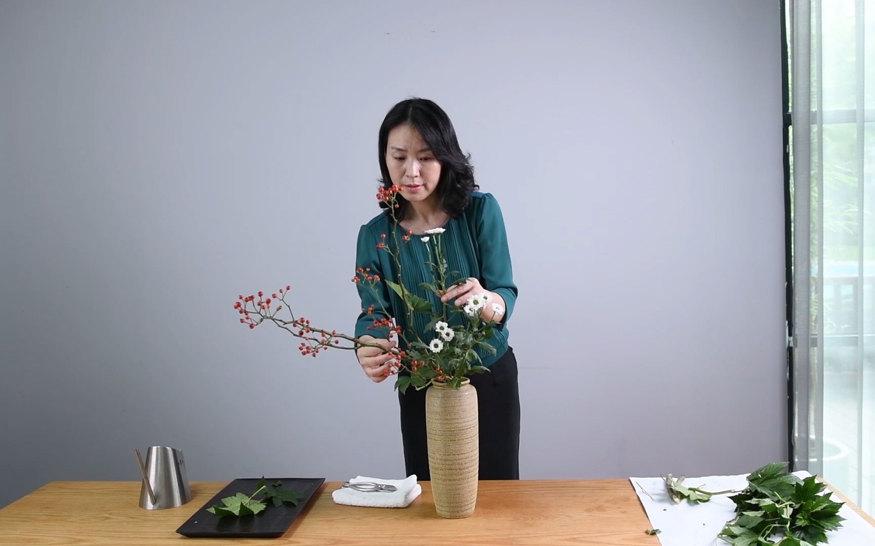 静香老师小原流花道插花基础教程 瓶花倾斜