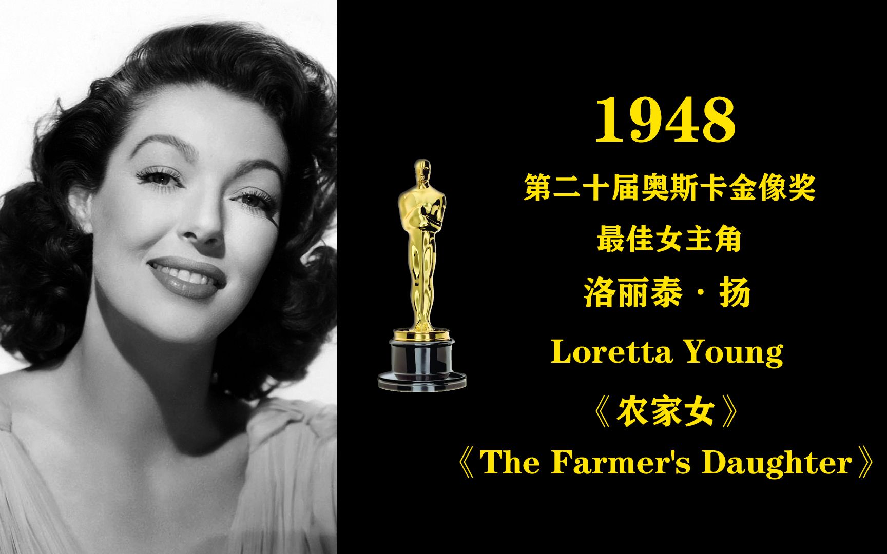 1948年第二十届奥斯卡金像奖最佳女主角:洛丽泰ⷦ‰젌oretta Young《农家女》哔哩哔哩bilibili