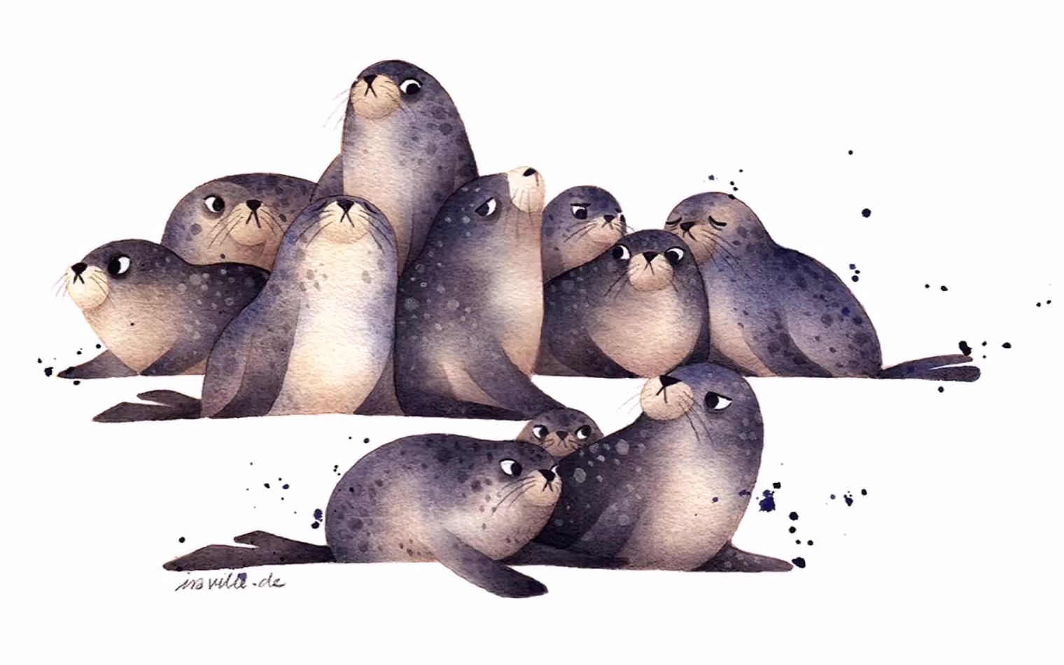 手绘插画 水彩插画一群小海豹_哔哩哔哩_bilibili