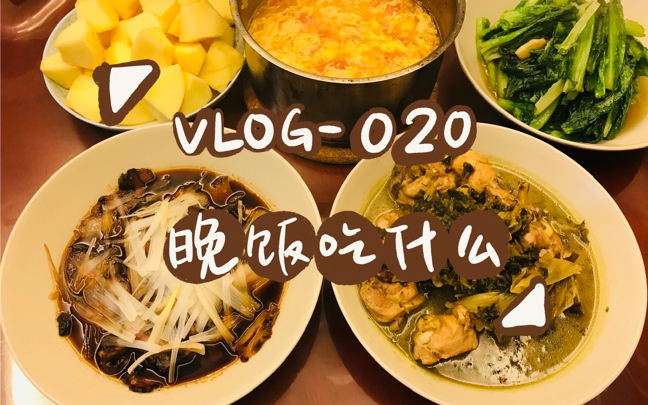 【VLOG020 晚饭吃什么】蒸酱肉+雪菜炒鸡+清炒油麦菜+番茄蛋花汤+苹果哔哩哔哩bilibili