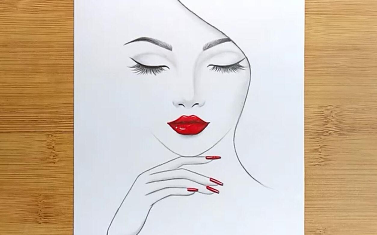 【手绘】铅笔手绘素描红唇女孩
