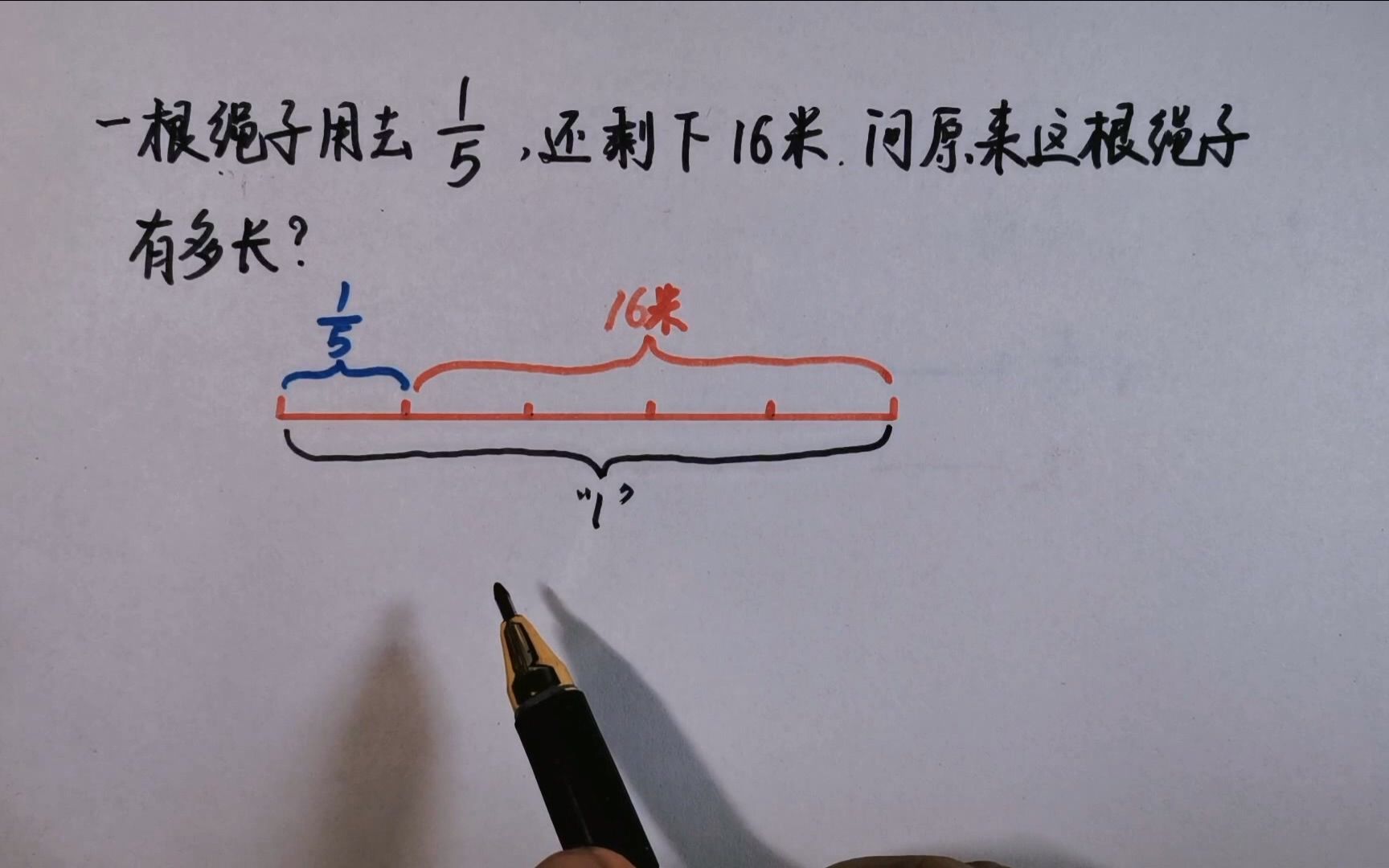 [图]一根绳子用去1／5，还剩下16米，问原来这根绳子有多长？