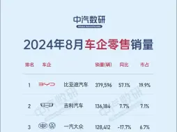 下载视频: 2024年8月车企销量排行榜（含新能源车企销量）