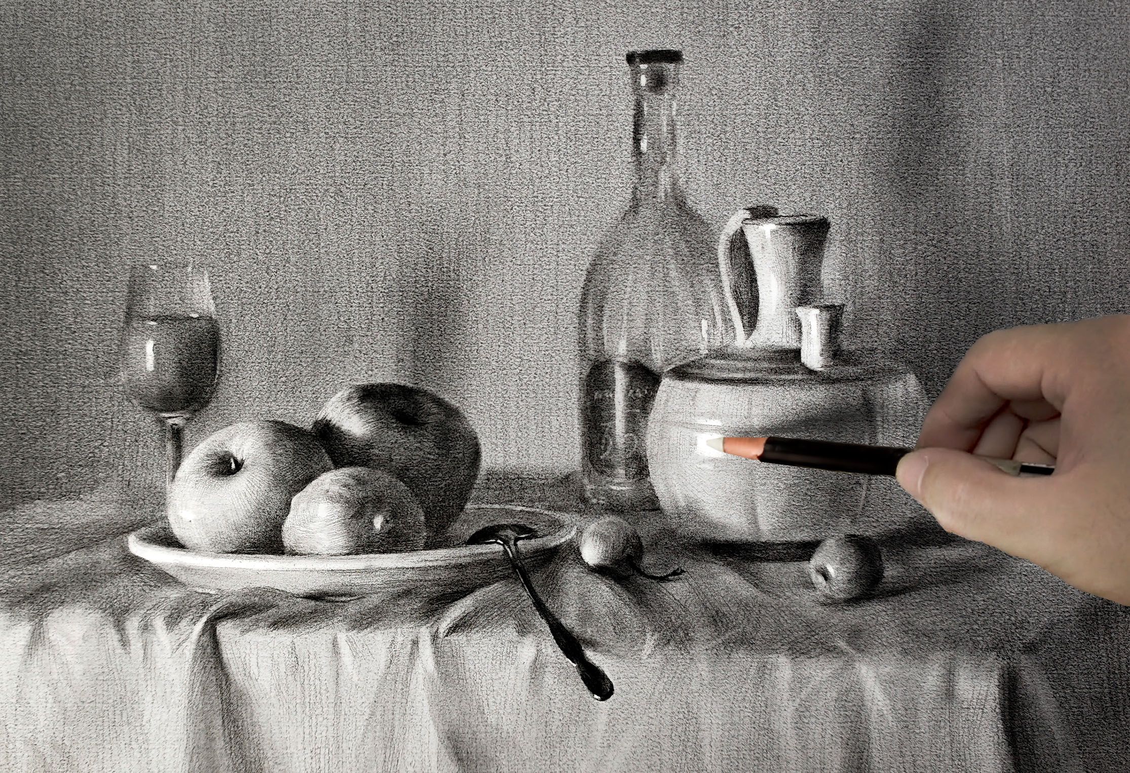 【茄子素描】碳粉速涂-陶瓷玻璃静物组合写生 素描基础 光影 水果