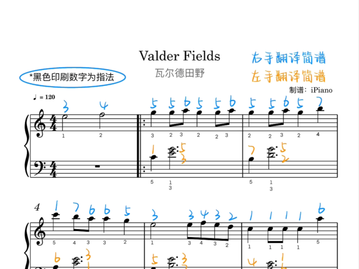 《valder fields瓦尔德田野》五线谱&简谱&全指法标注|一定是你熟悉的旋律超好听哔哩哔哩bilibili