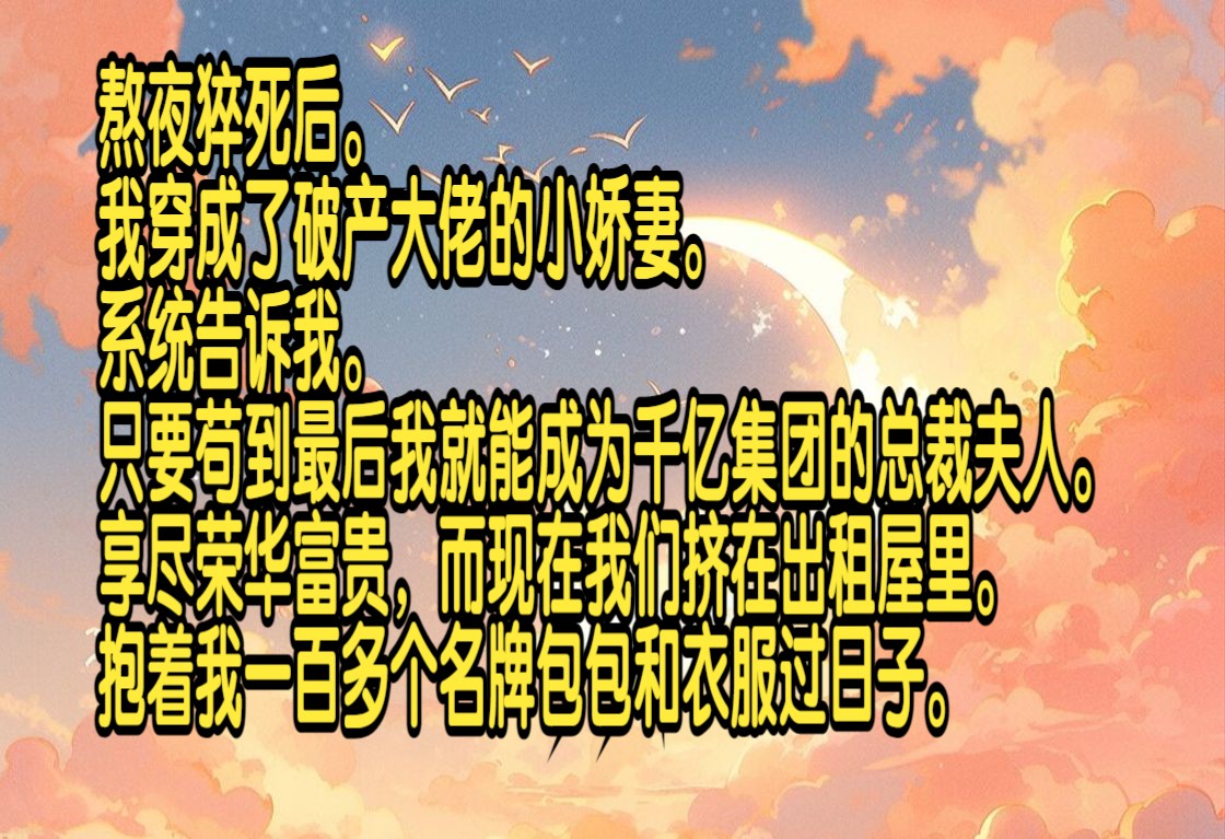 熬夜猝死后,我穿成了破产大佬的小娇妻,系统告诉我,只要苟到最后我就能成为千亿集团的总裁夫人,享尽荣华富贵,而现在我们挤在出租屋里,抱着我一...