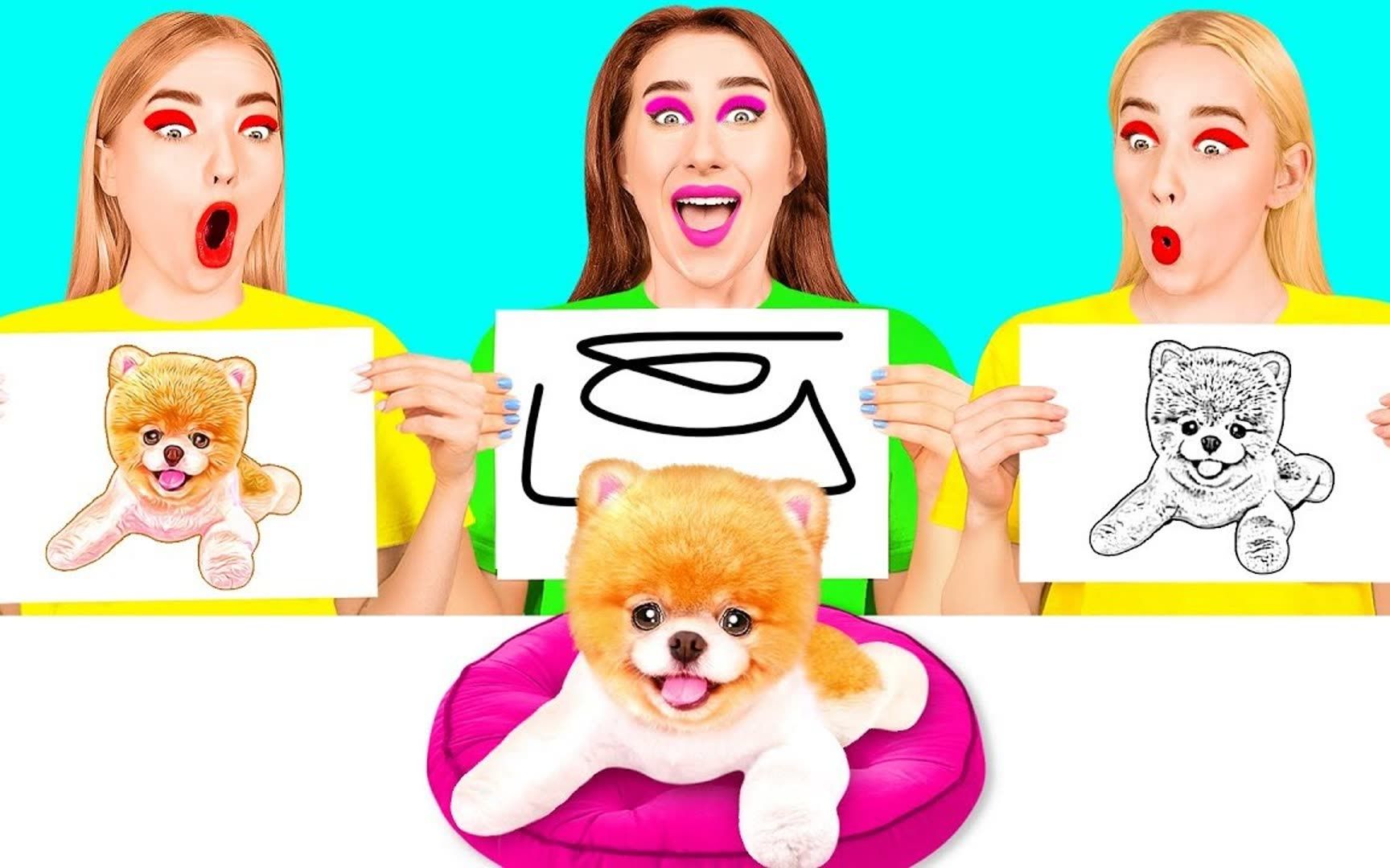 搞笑挑战乐园:泡泡指压板绘画挑战,哪个女孩可以先画好获奖呢?