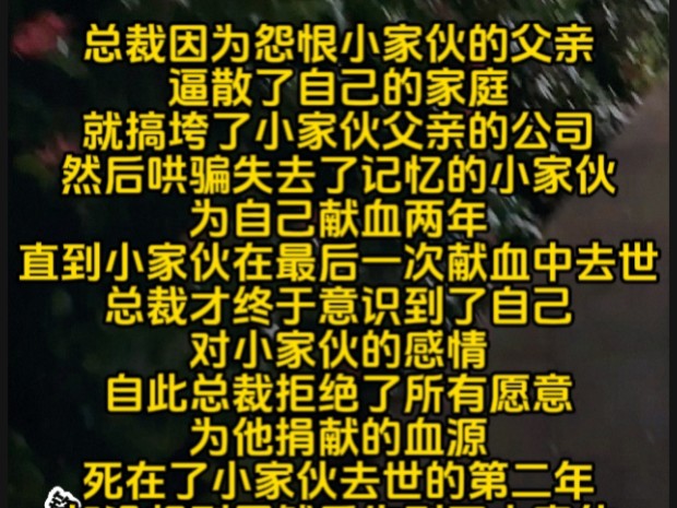 总裁因为怨恨小家伙的父亲逼散了自己的家庭就搞垮了小家伙父亲的公司然后哄骗丧失双亲又失去了记忆的小家伙为自己献血两年直到小家伙在最后一次献血...