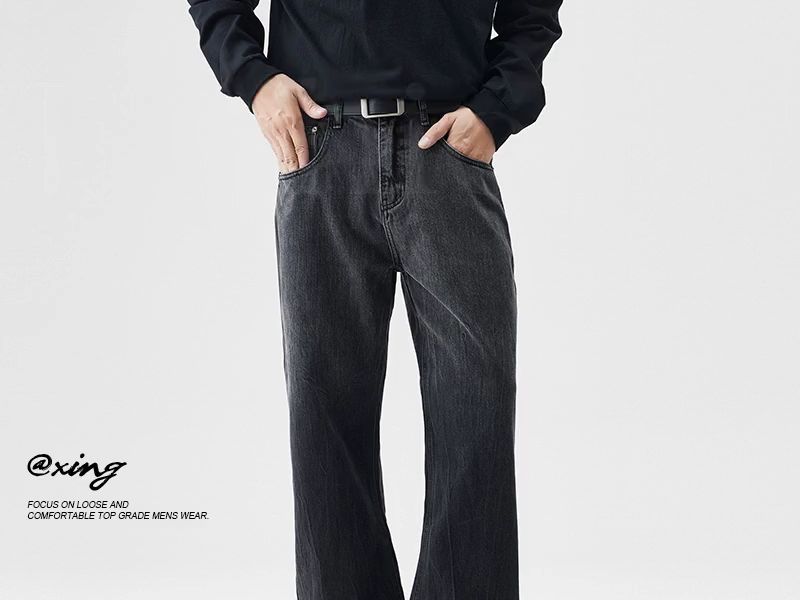 美式高街渐变水洗微喇叭黑色牛仔裤男秋冬新款休闲宽松直筒阔腿裤