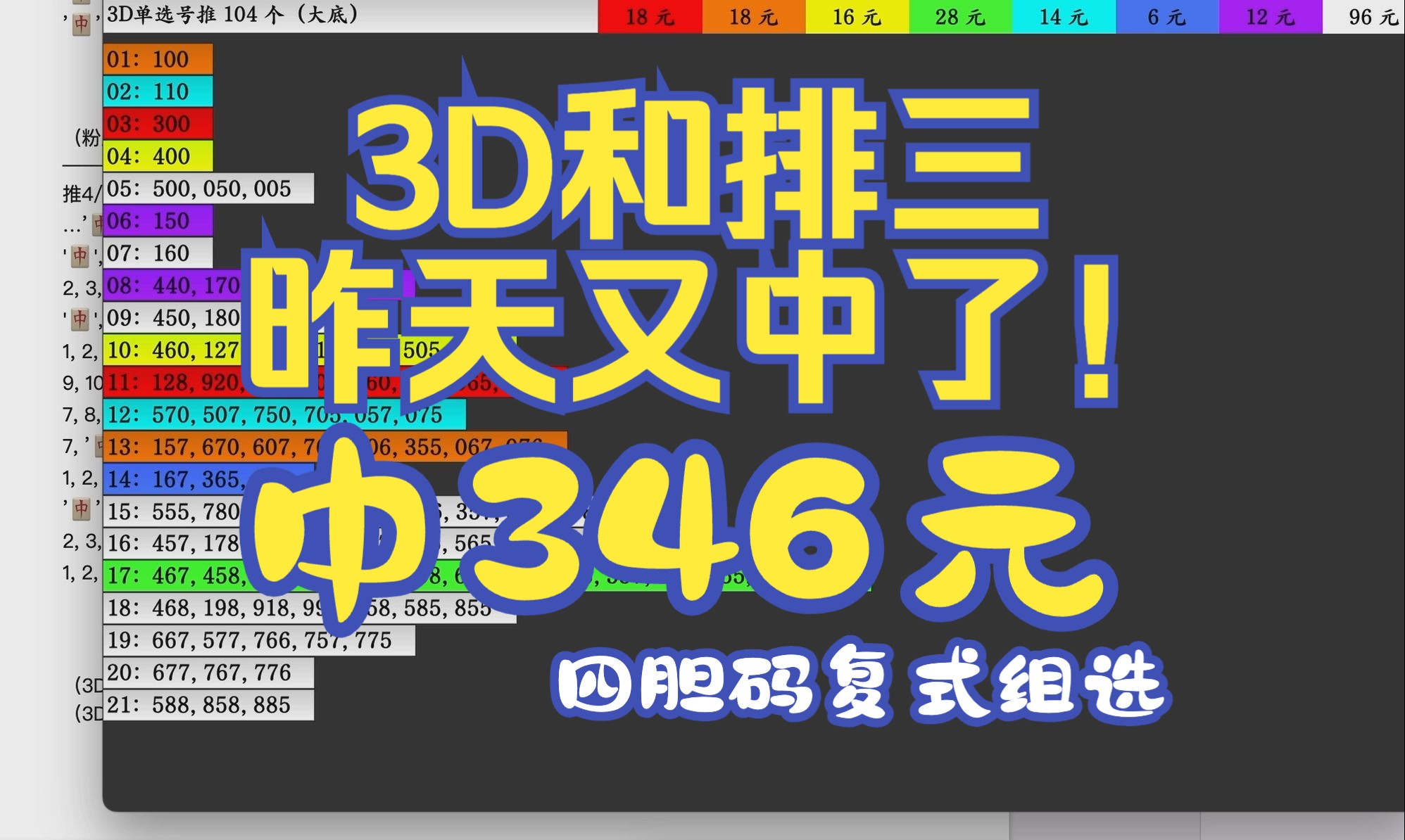 3D福彩和排三体彩,昨天3D四胆码复式组选中346元.(仅供参考)哔哩哔哩bilibili