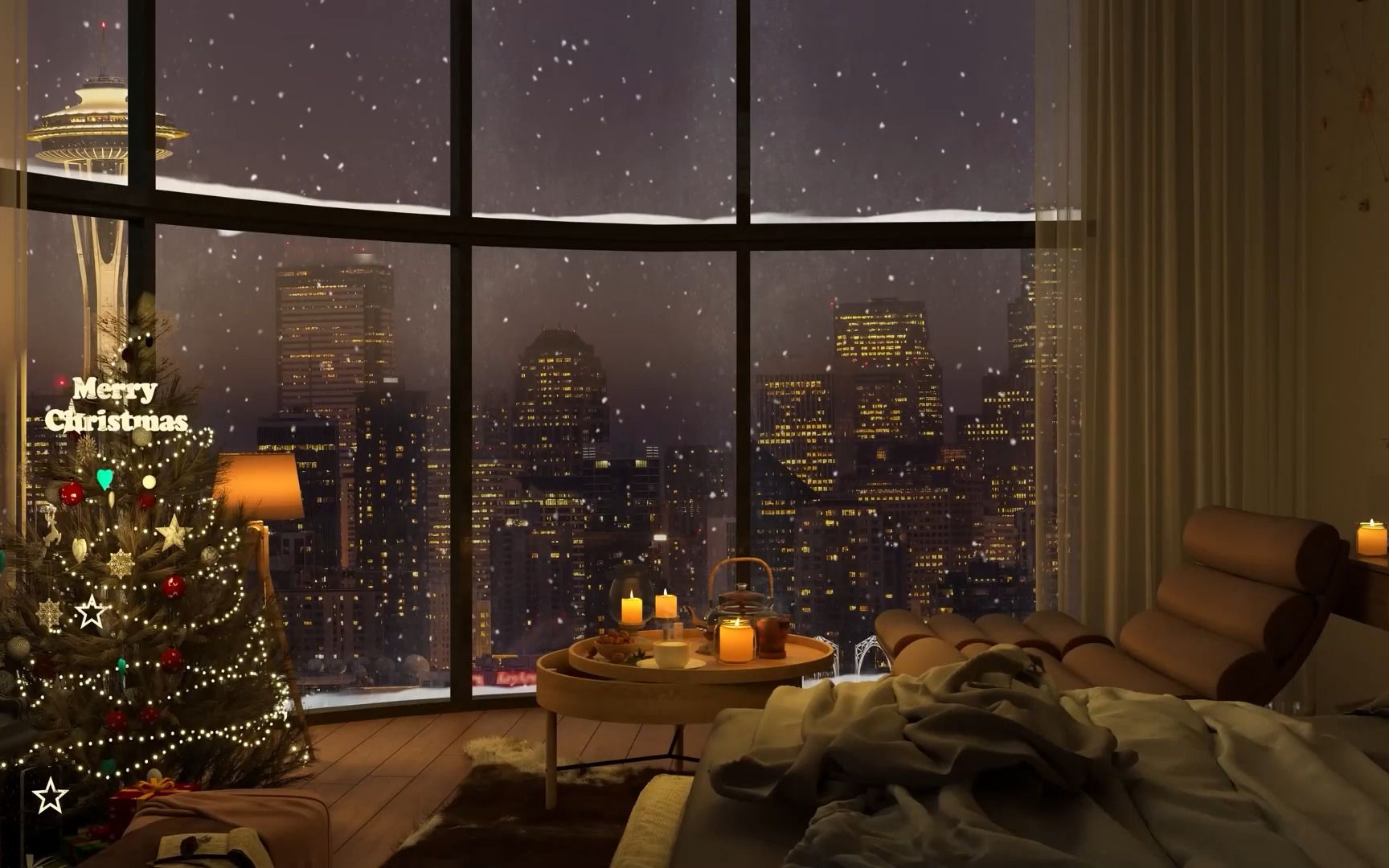 圣诞节的下雪夜 在舒适温暖的房间里俯瞰西雅图夜景 令人放松的音乐