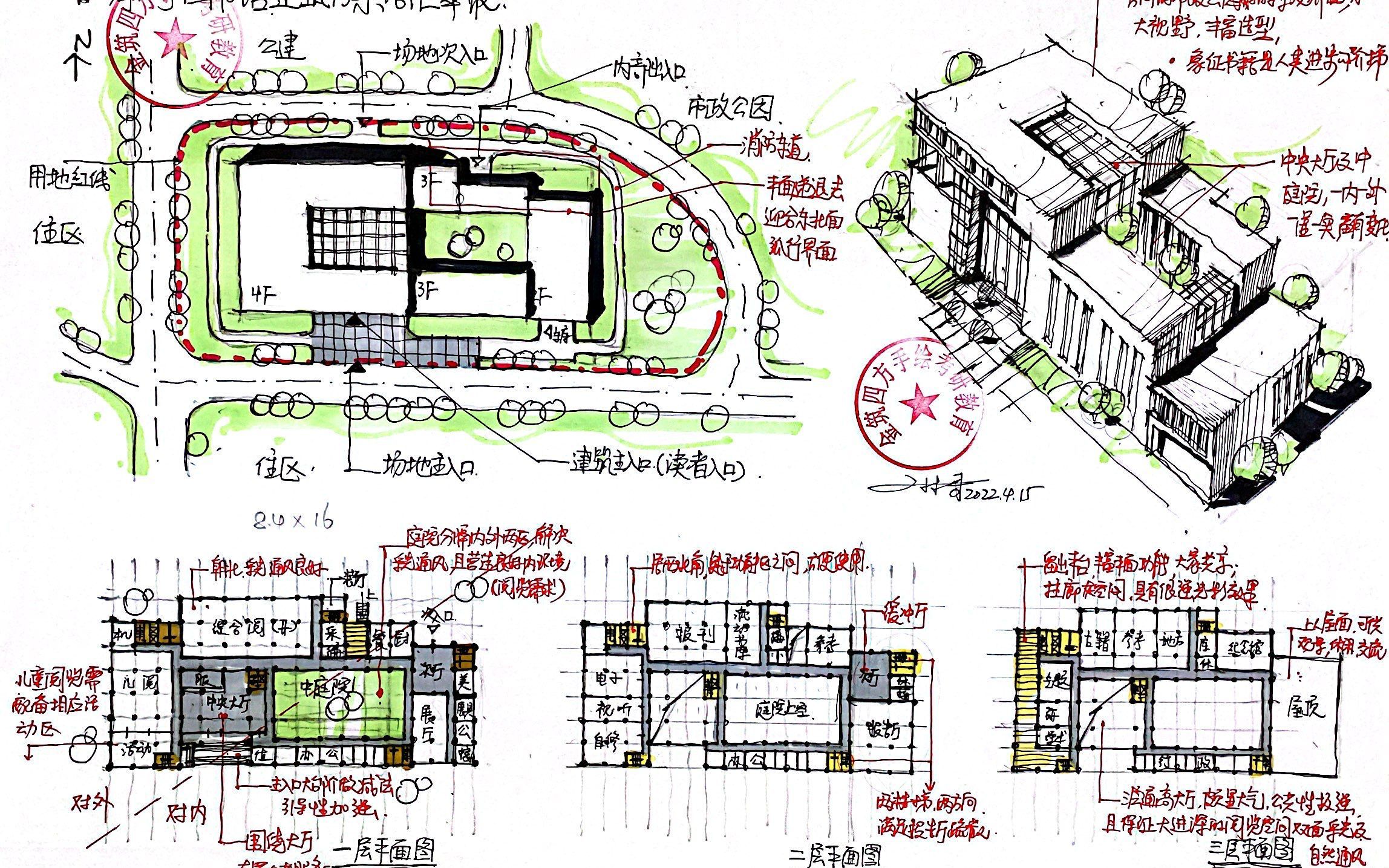 [图]建筑快题【平面功能】+【造型设计】十八式之第1式：海宁图书馆方案解析领绘及设计语汇萃取（小林哥主讲-金筑四方考研教育）