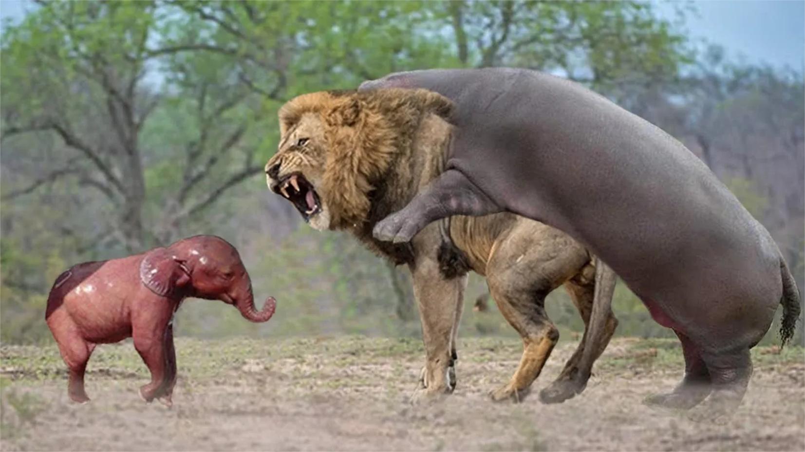 河马咀嚼狮子头拯救河马宝宝-大象妈妈保护宝宝免受狮子猎杀!