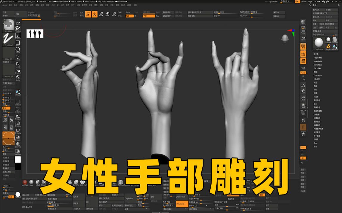 【zbrush】零基础学雕刻,zb女性手部写实雕刻,手部细节!