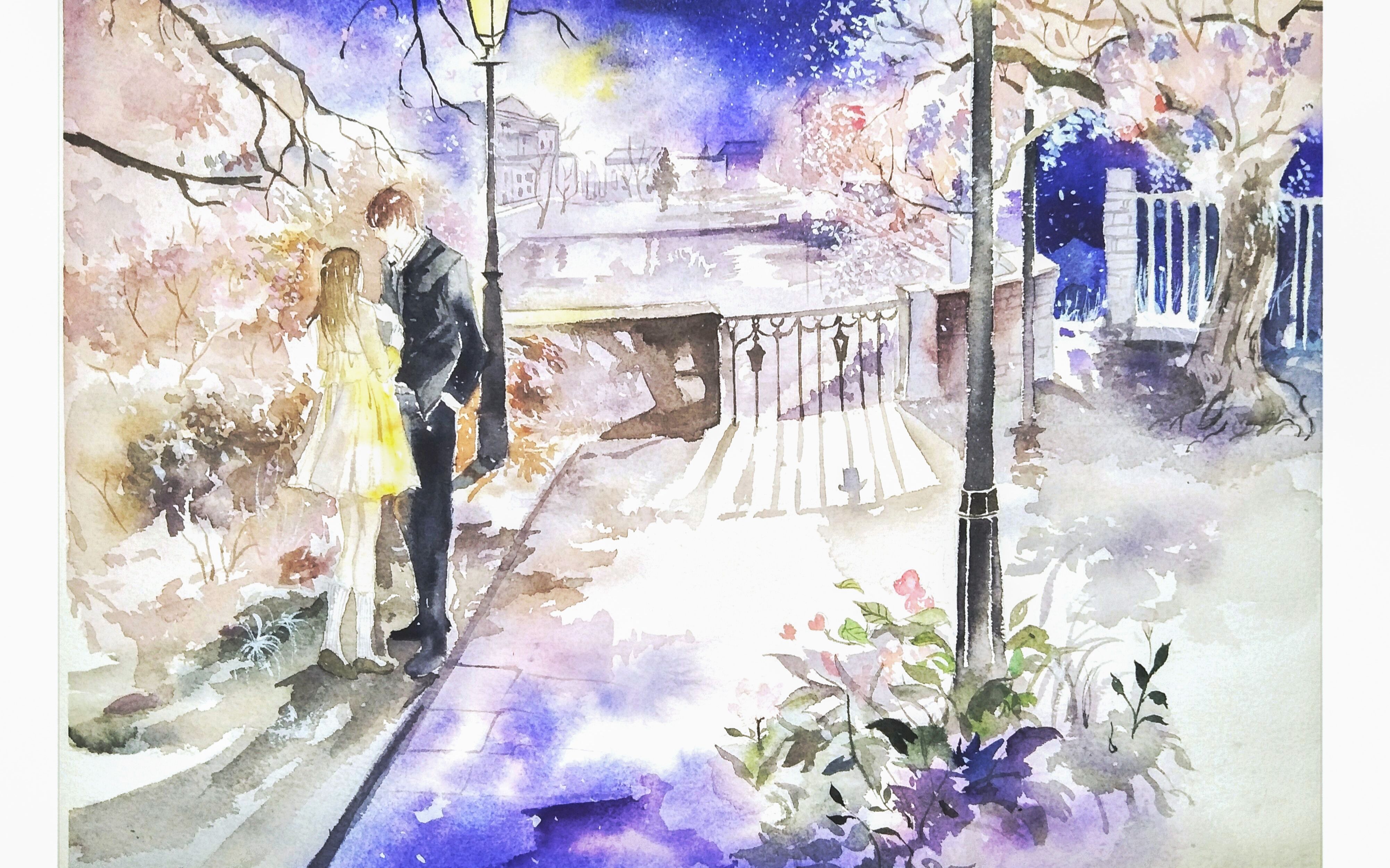 【水彩临摹】手绘樱花人物夜景过程