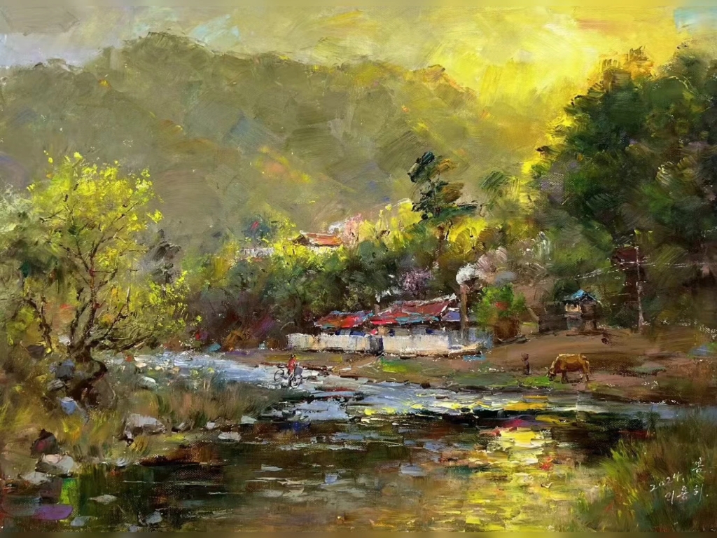 朝鲜油画《余晖轻吻的乡间小夜曲》