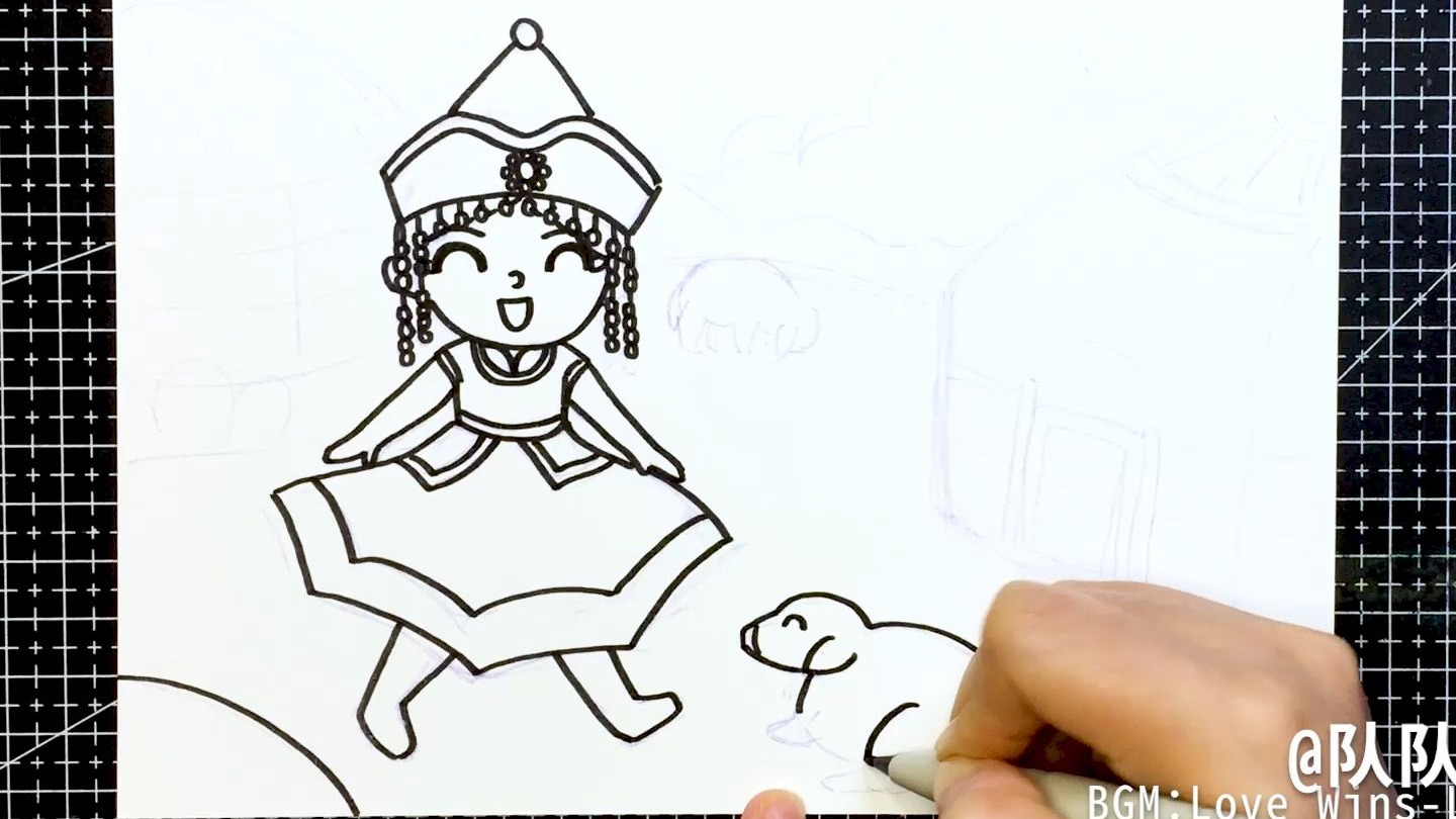 简笔画手绘:蒙古族女孩线稿