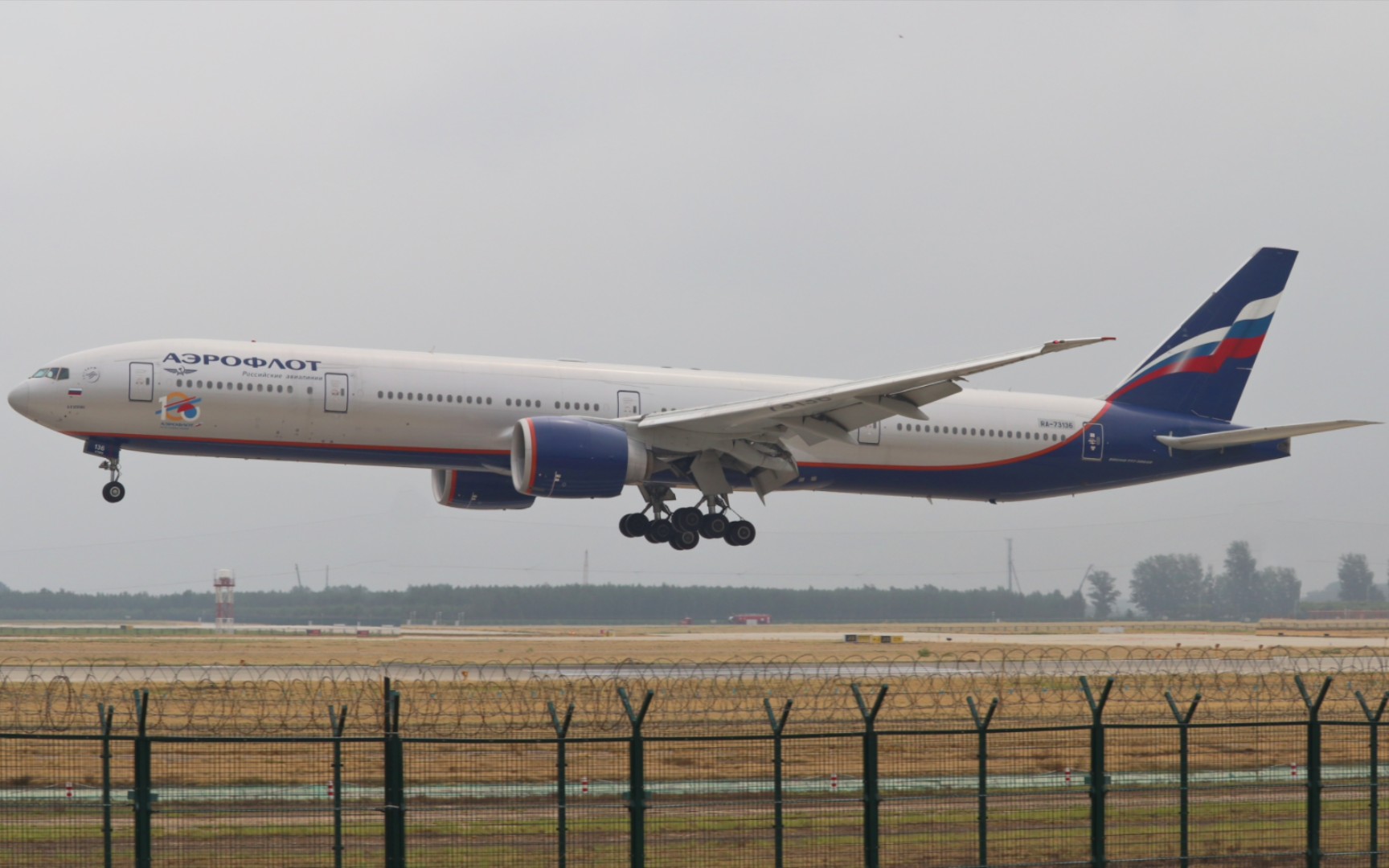 俄罗斯航空100周年小彩绘 777-3m0(er) ra-73136 落地北京大兴跑道35l