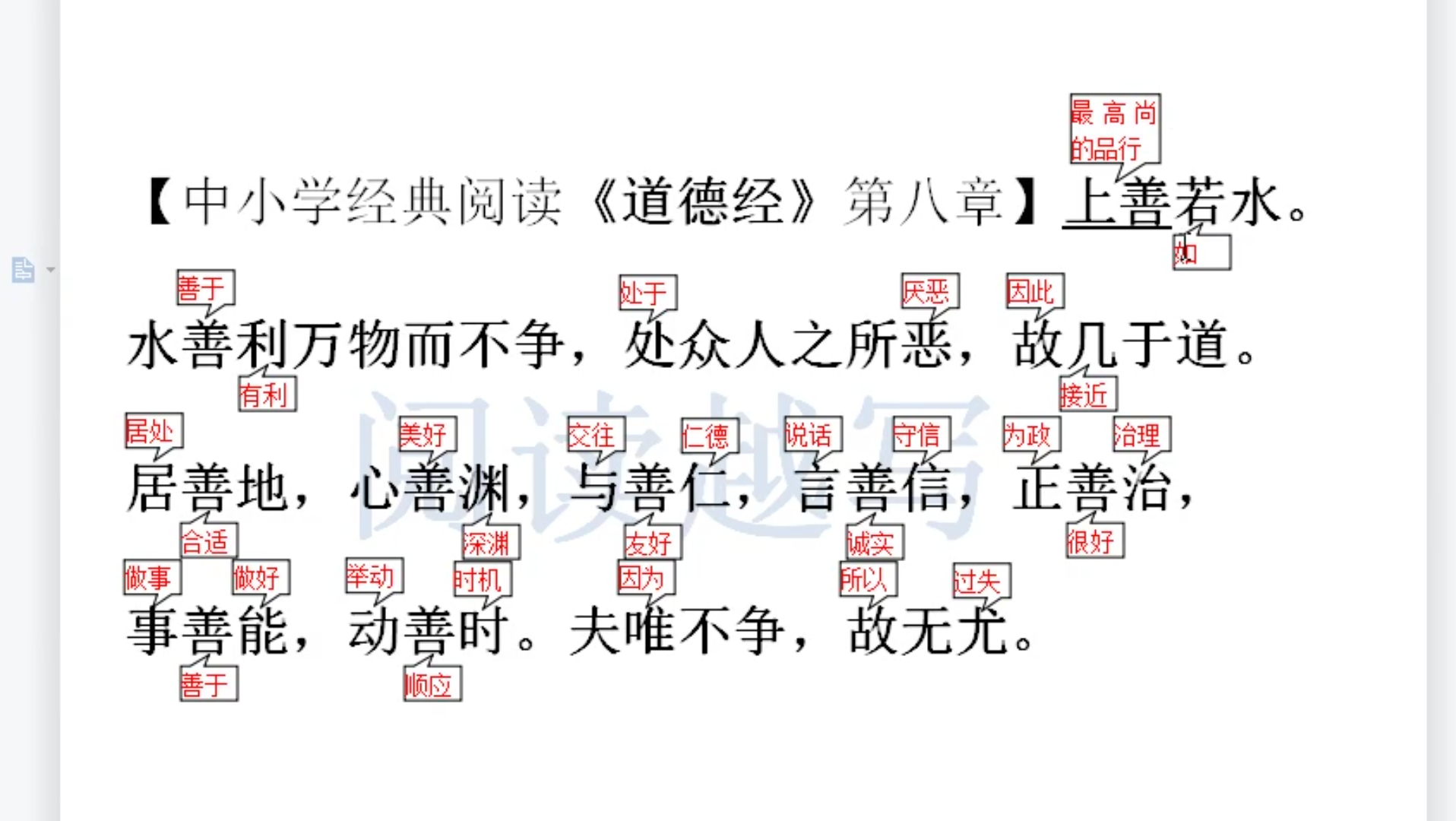 [图]中小学国学经典阅读理解学习，《道德经》第八章，上善若水