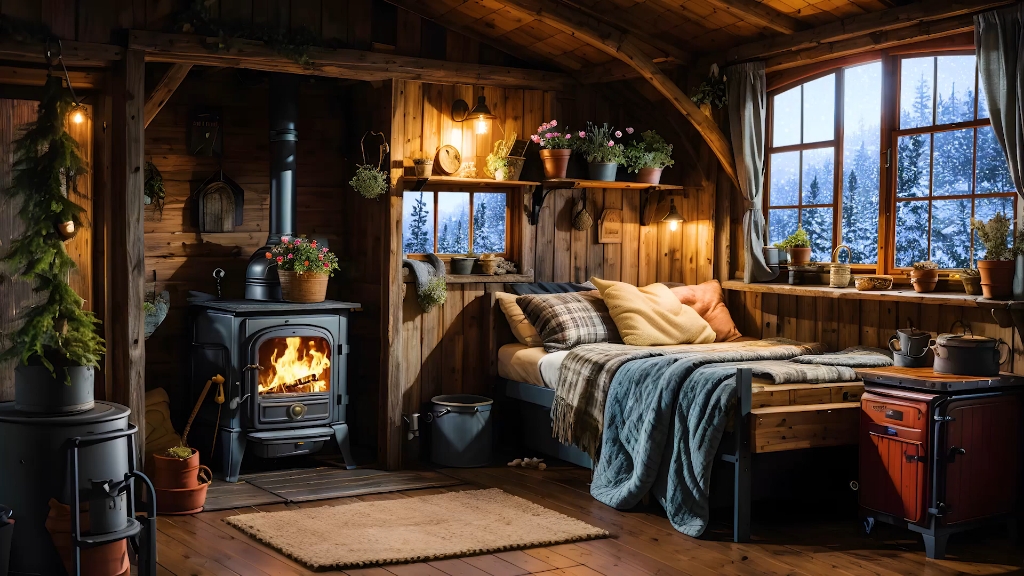 暴雪森林木屋氛围配有壁炉燃烧的噼啪声和刺骨的寒风声放松解压