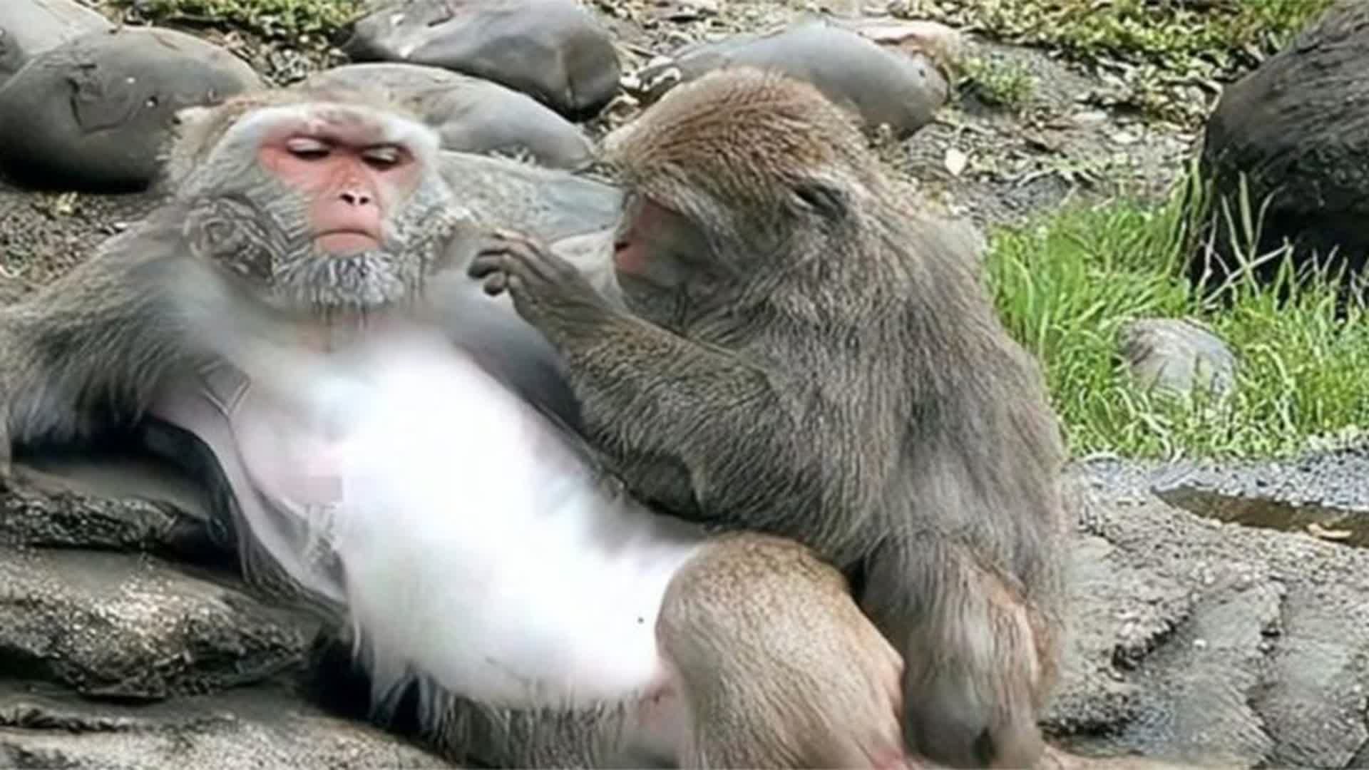 公猴给母猴抓虱子,抓着抓着就开始不正经,镜头记录全程