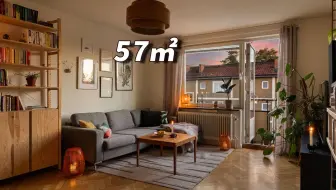 57㎡的一居室公寓，白天是冷色调，晚上是暖色调