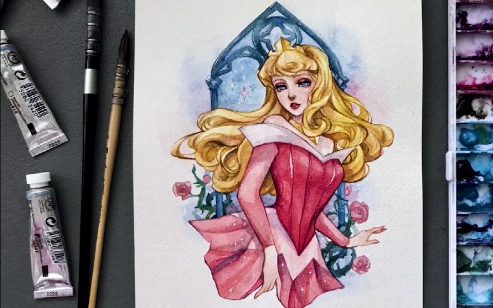 【水彩人物绘画】-《睡美人》爱洛公主(蔷薇玫瑰)