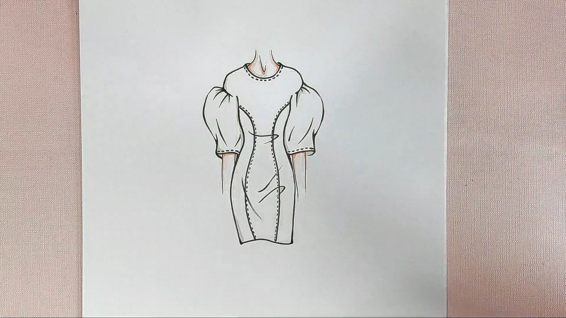 服装设计手绘学习:泡泡袖连衣裙款式图绘画过程_哔哩哔哩 (゜-゜)つロ
