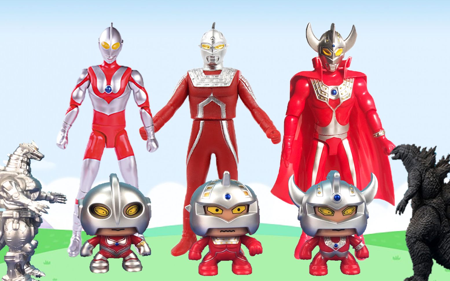 奥特曼怪兽大作战!q版泰罗初代赛文大战机械哥斯拉