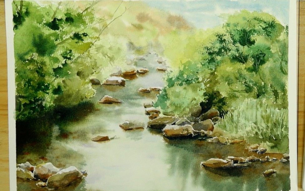 水彩画小溪河流,水彩风景绘画