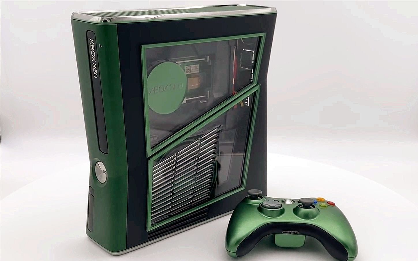 手工xbox360slim主机金属绿侧透定制改装作者studiofr