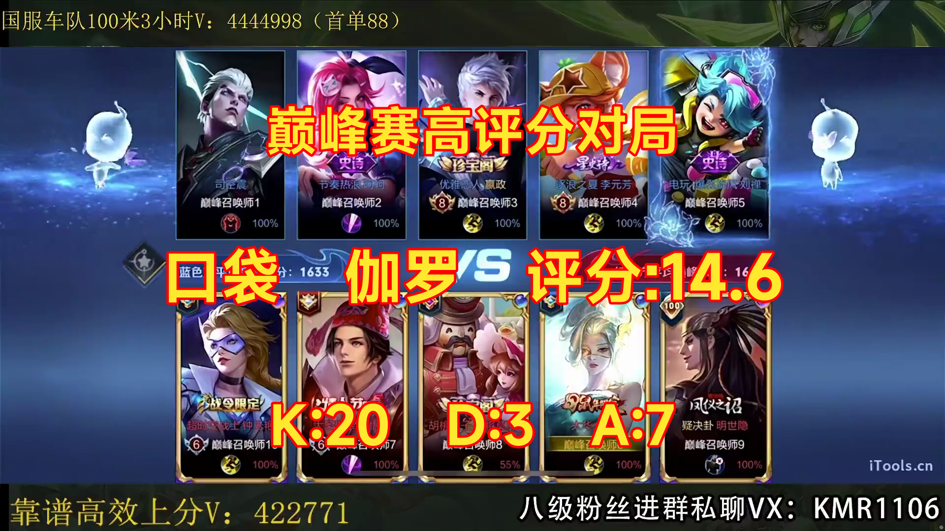 11/15 王者荣耀 口袋 伽罗 巅峰赛高评分对局 评分:14.