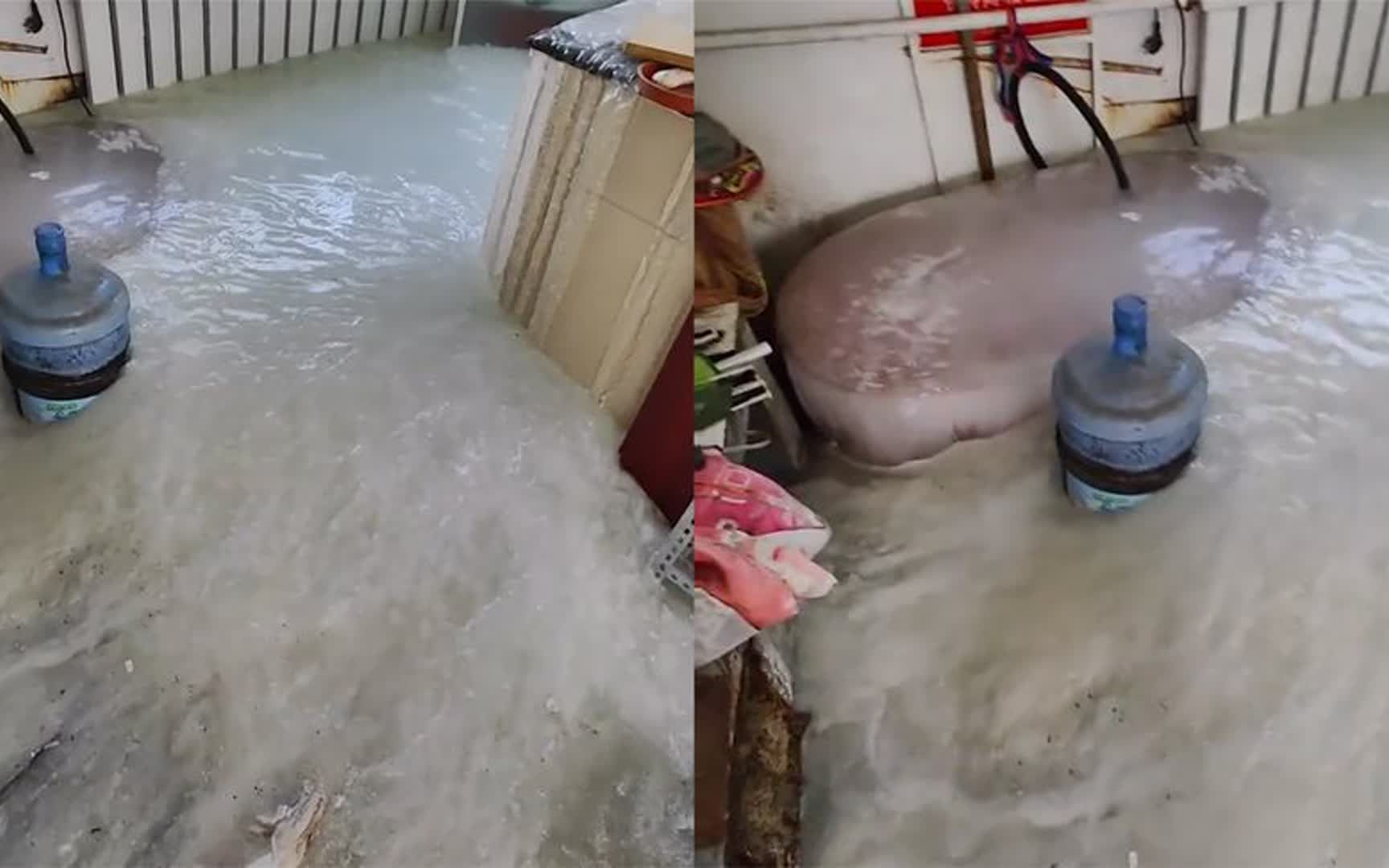 居民几天没在家水管被冻破,厨房地板犹如"汉白玉":这得用电钻