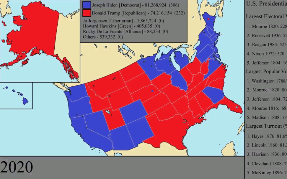 [历史地图] 美国历次总统大选结果图 1789-2020_哔哩哔哩 (゜-゜)つロ