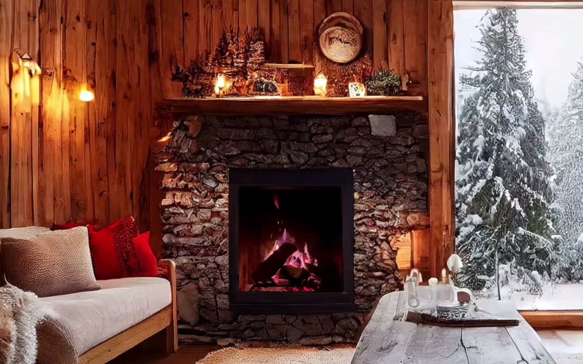 北欧下雪天的火炉客厅