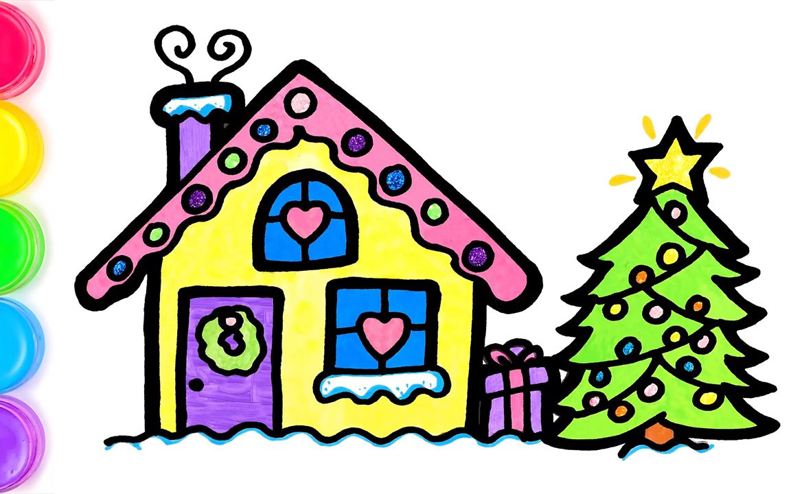 雪简笔画彩色房子图片