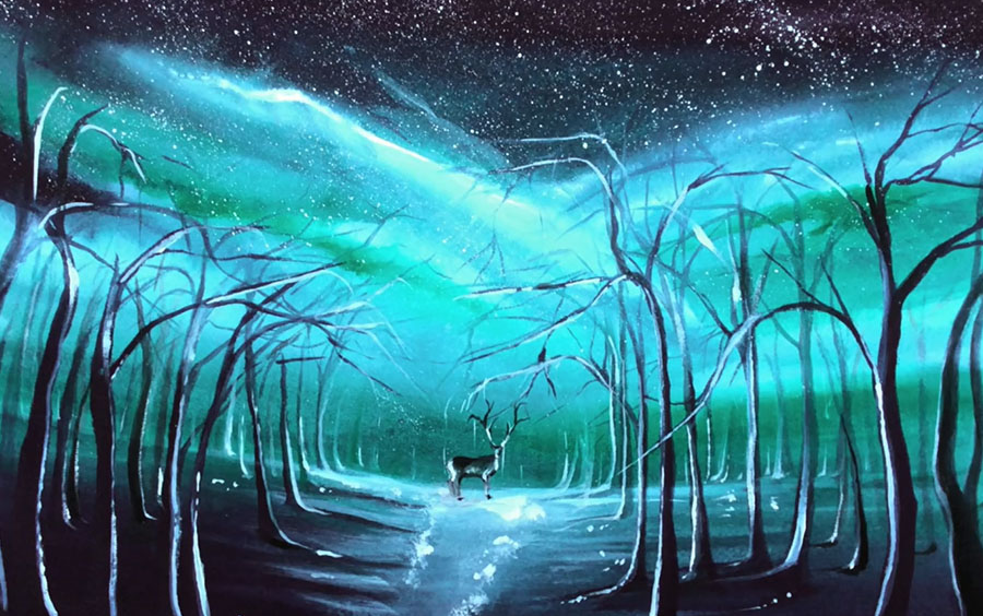 水彩极光森林