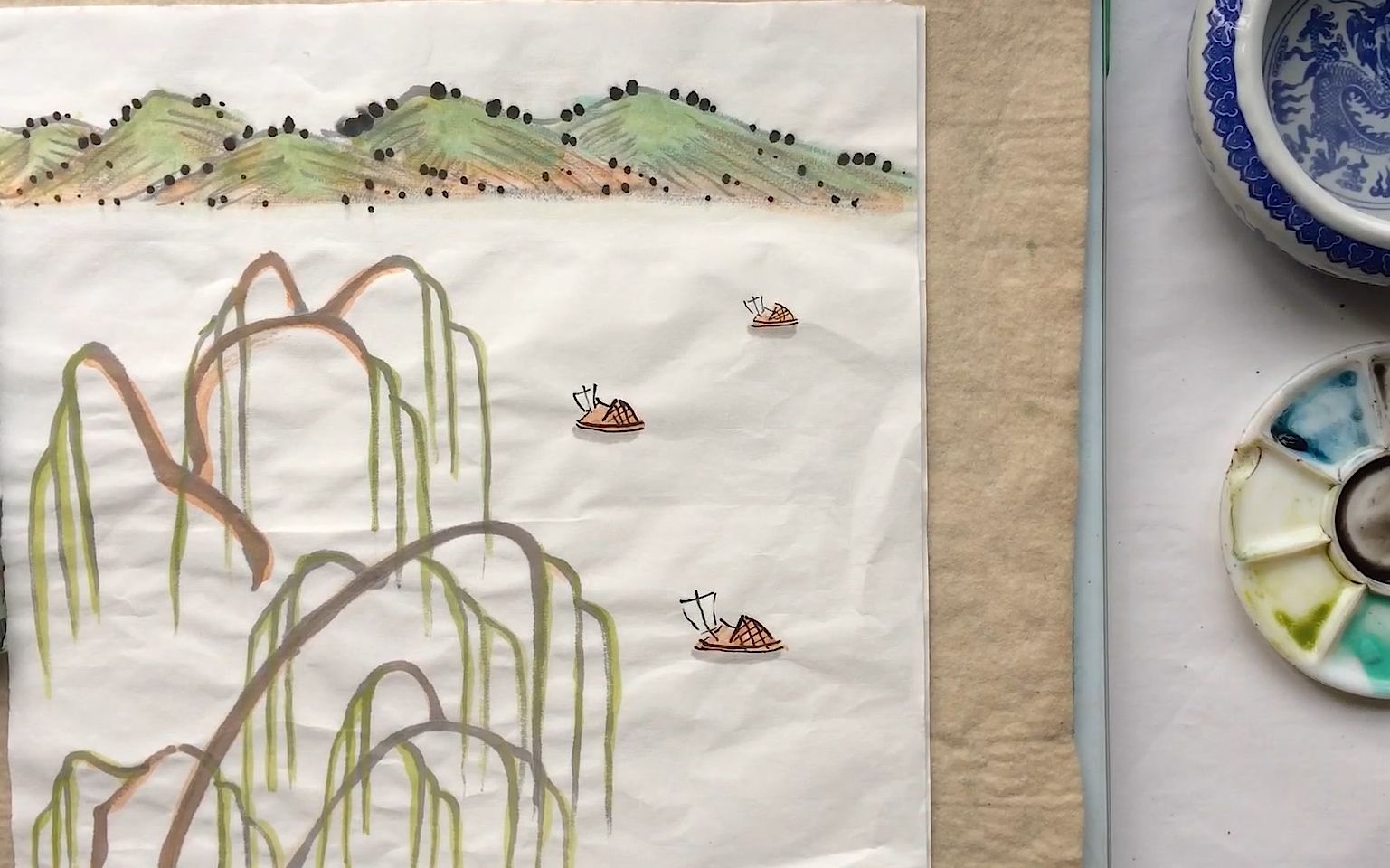 活动作品小朋友们上课啦国画山水溪边柳树