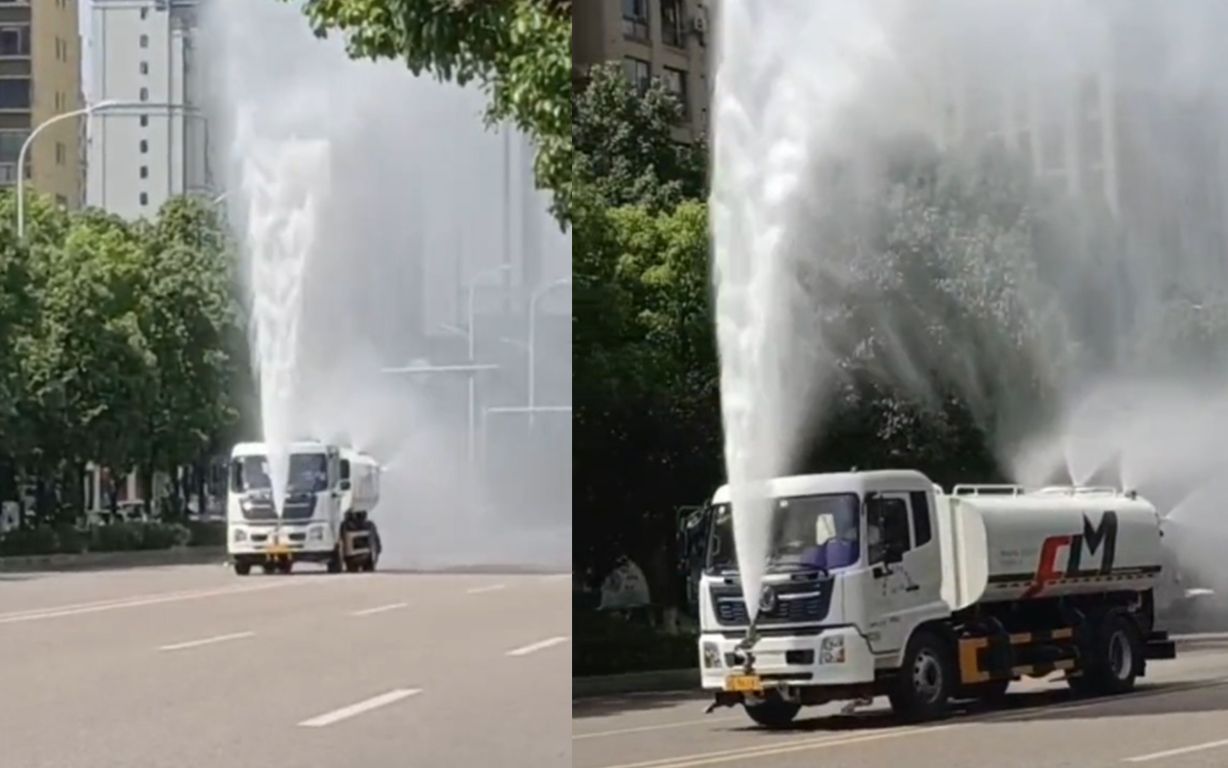 [图]重庆到底有多热？连日气温39℃，洒水车边走边为自己降温