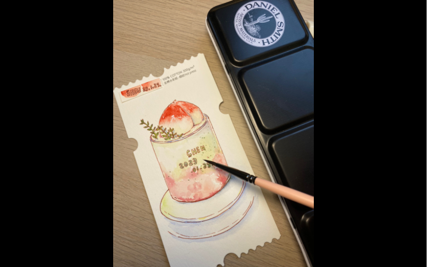 画个桃子饮品祝自己寿比南山 长命百岁(钢笔淡彩)