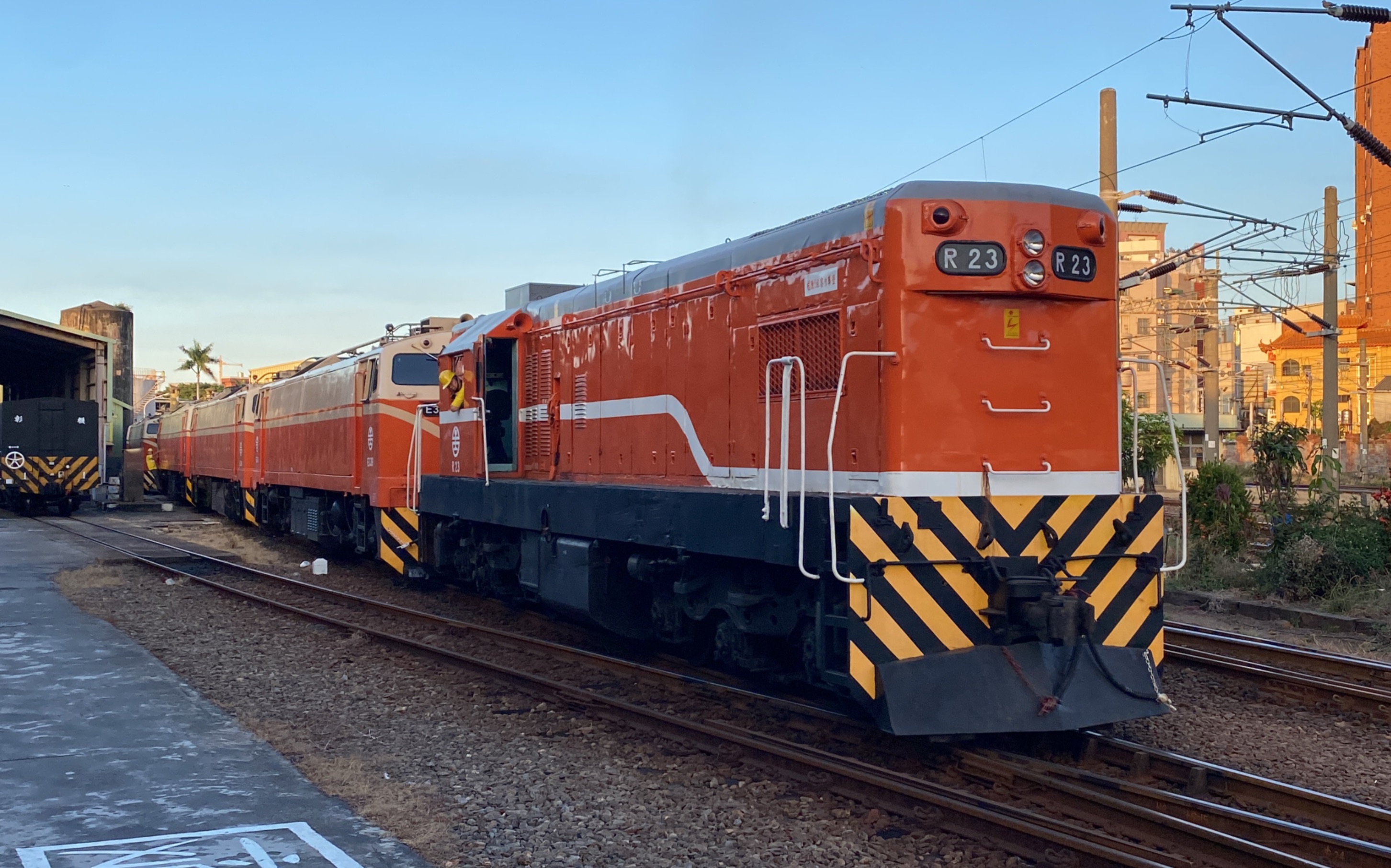 台铁 r20内燃机 r23 调车作业 牵引3台莒光号机车头移位