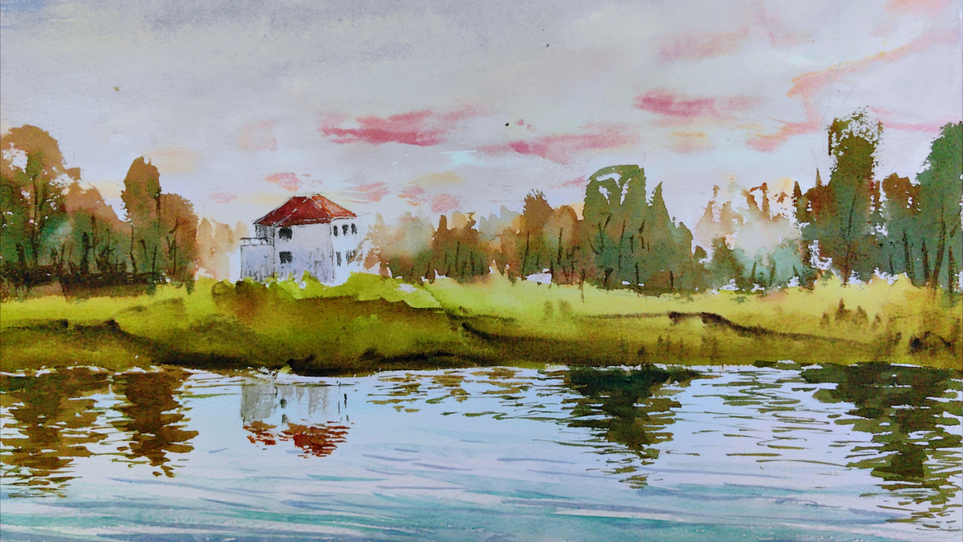 水彩绘画过程:晨曦水乡