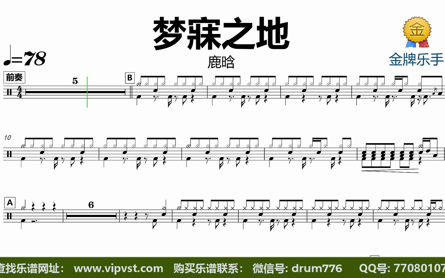 【金牌乐手】dt1389.鹿晗 - 梦寐之地 鼓谱 动态鼓谱 无鼓伴奏