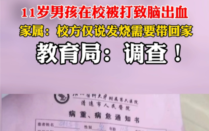 发布时间 10月9日 广东清远 11岁男孩遭同学殴打致严重脑溢血,家长称校方仅说孩子发烧需要带回家,教育局表示已督促校方协调处理工作.哔哩哔哩...