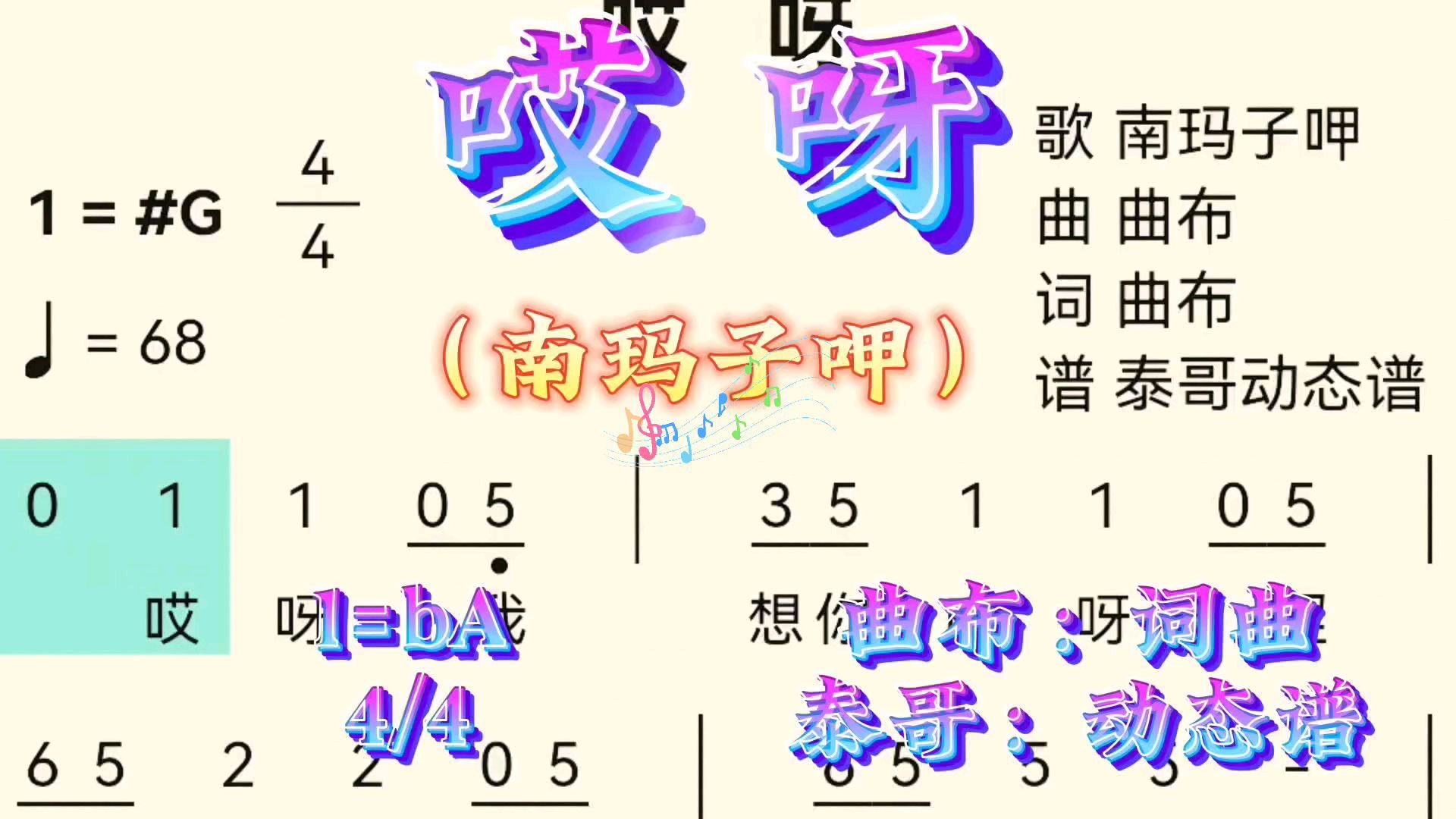 《哎呀》ba调南玛子呷版原声动态简谱,扒谱制作不易,私人订制如需其它