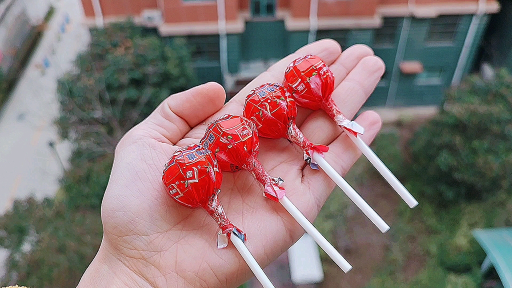 趣味糖果花两块钱买了4个红色的棒棒糖带回去尝尝好吃不好吃