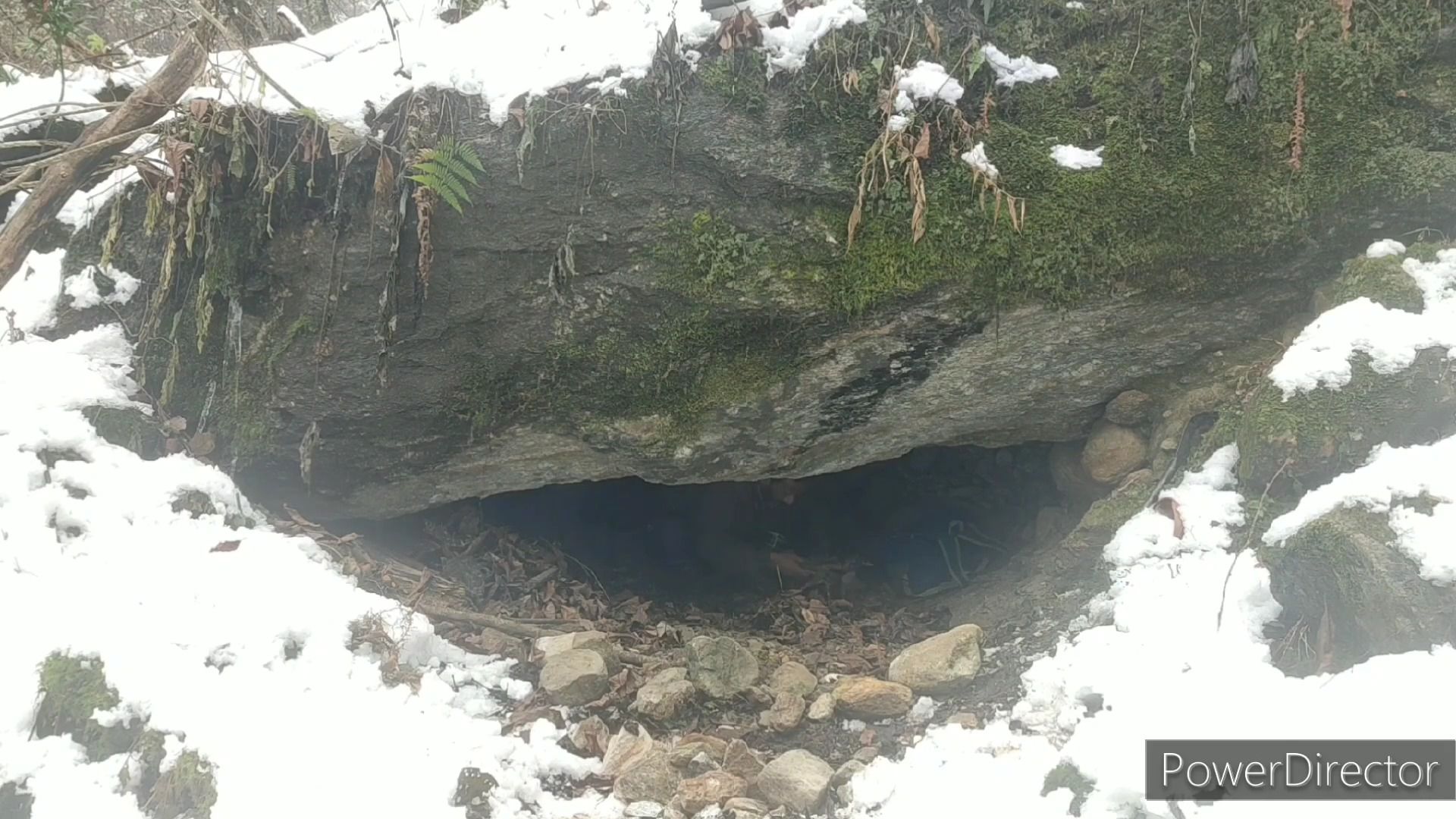 [图]大雪天，大叔在岩石底下找到一处天然的庇护所，整理一下就能入住