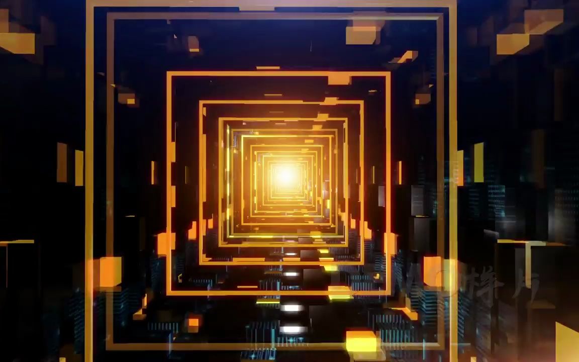 视频素材 ▏d700 三维3d立体方块隧道穿梭金色光效粒子灯光秀动感光线