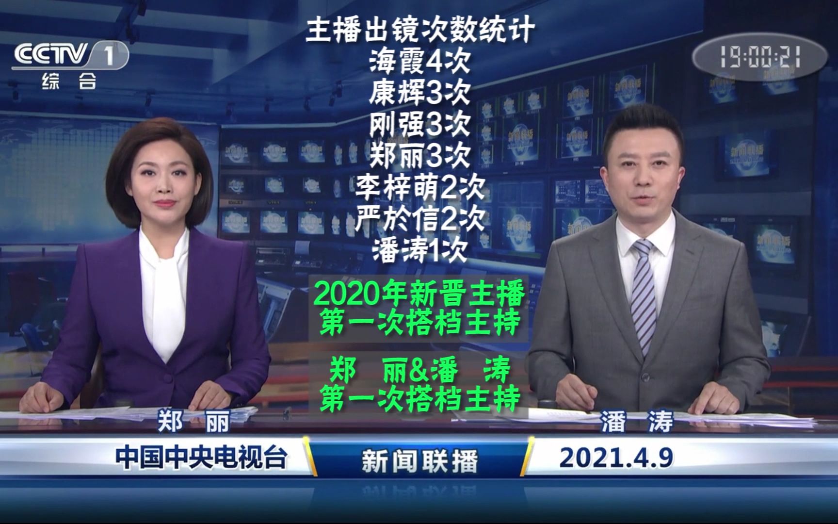 2021年4月份新聞聯播主播出鏡記錄