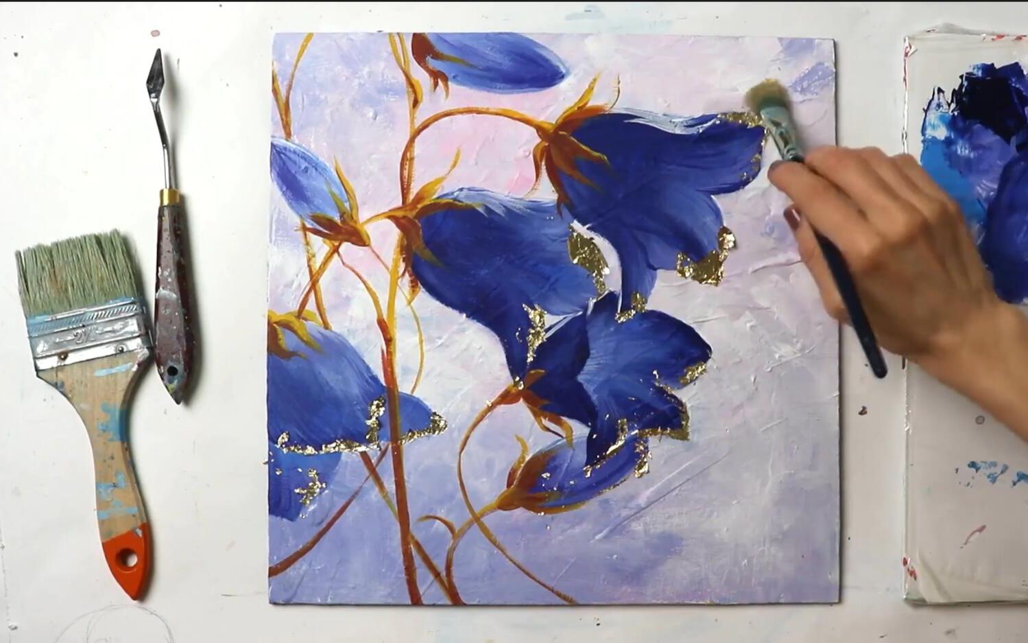 【丙烯画】【绘画教程】【金箔画】紫色的花Flower With gold Acrylic Painting哔哩哔哩bilibili